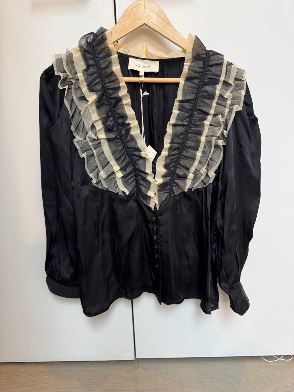 Fabulous! THE GREAT. Black Satin Blouse with Cream and Black Ruffle V-Neck